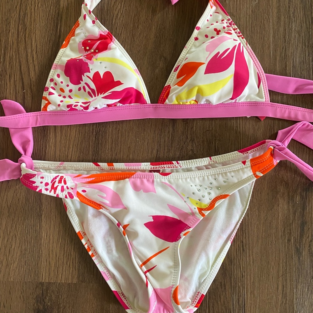 Guess Halter Top Floral Print Bikini with Iridescent Rhinestone Accents!